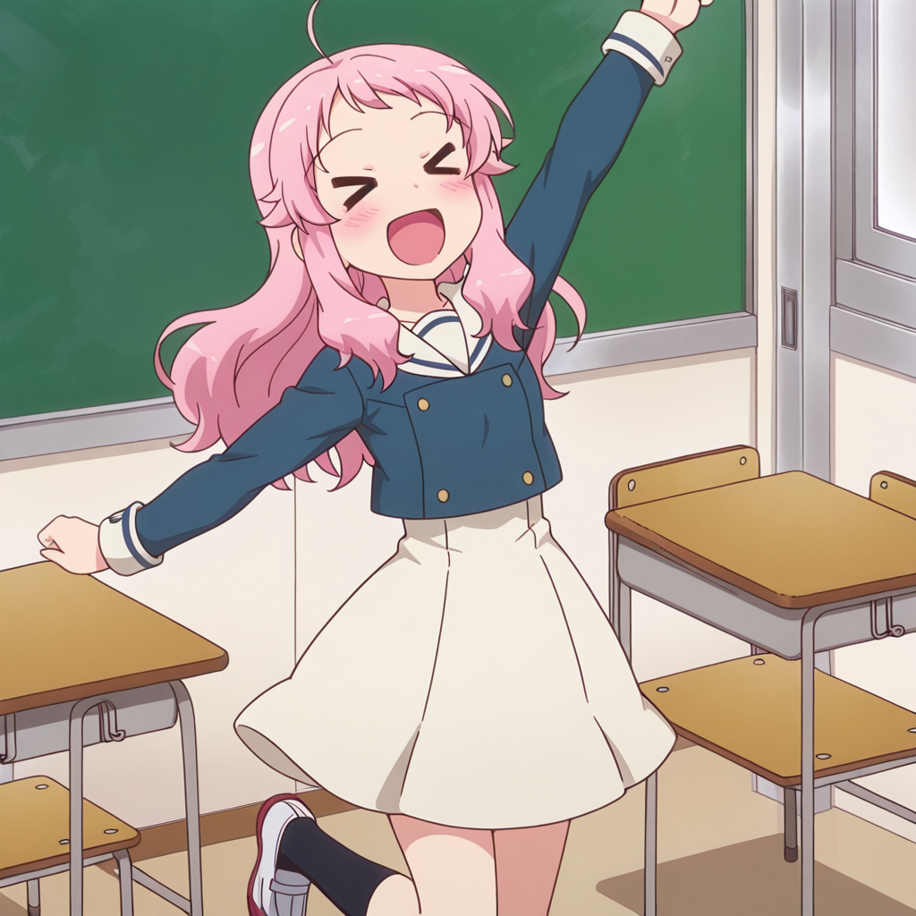 nsfw, masterpiece,best quality,amazing quality,1girl, solo, anima_yell_kohane_hatoya, standing, > <, pink hair, long hair, smile, classroom, school uniform, arm up, open mouth, :d, closed eyes, xd, school desk, chalkboard, shoes, long sleeves, blush, ahoge, indoors, school chair, socks, shirt, skirt, sailor collar,  <lora:Kohane_Hatoya_-_Anima_Yell:0.7>