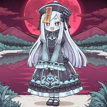 kanikamachibi, chibi, 1girl, masterpiece, best quality, absurdres, very aesthetic, long hair, corrupted jiangshi princess, wearing dark pastel ruffled gleaming oily translucent gown with (shiny translucent sleeves), intricate gown, jinagshi dress, bishop sleeves, long sleeves, wide sleeves, multilayered skirt, translucent skirt, long skirt, translucent bell skirt, (lots of translucent frills and bows), cute fangs, cute shoes, ofuda, (ofuda on head),
(solo:1.2), (red eyes, glowing eyes, pale blue skin, jiangshi), smile, (translucent, see-through silhouette), translucent latex, v arms,
outdoors, nature, lake, red moonlight, detailed background