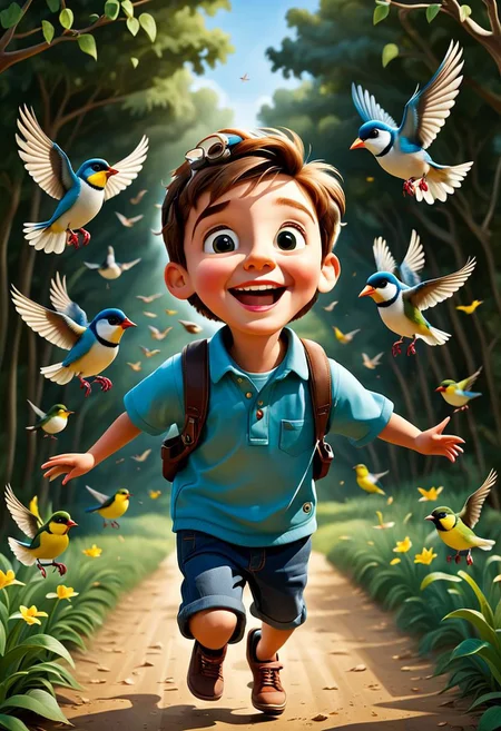 masterpiece, solo focus award winning portrait of a small birds flying around a happy kid