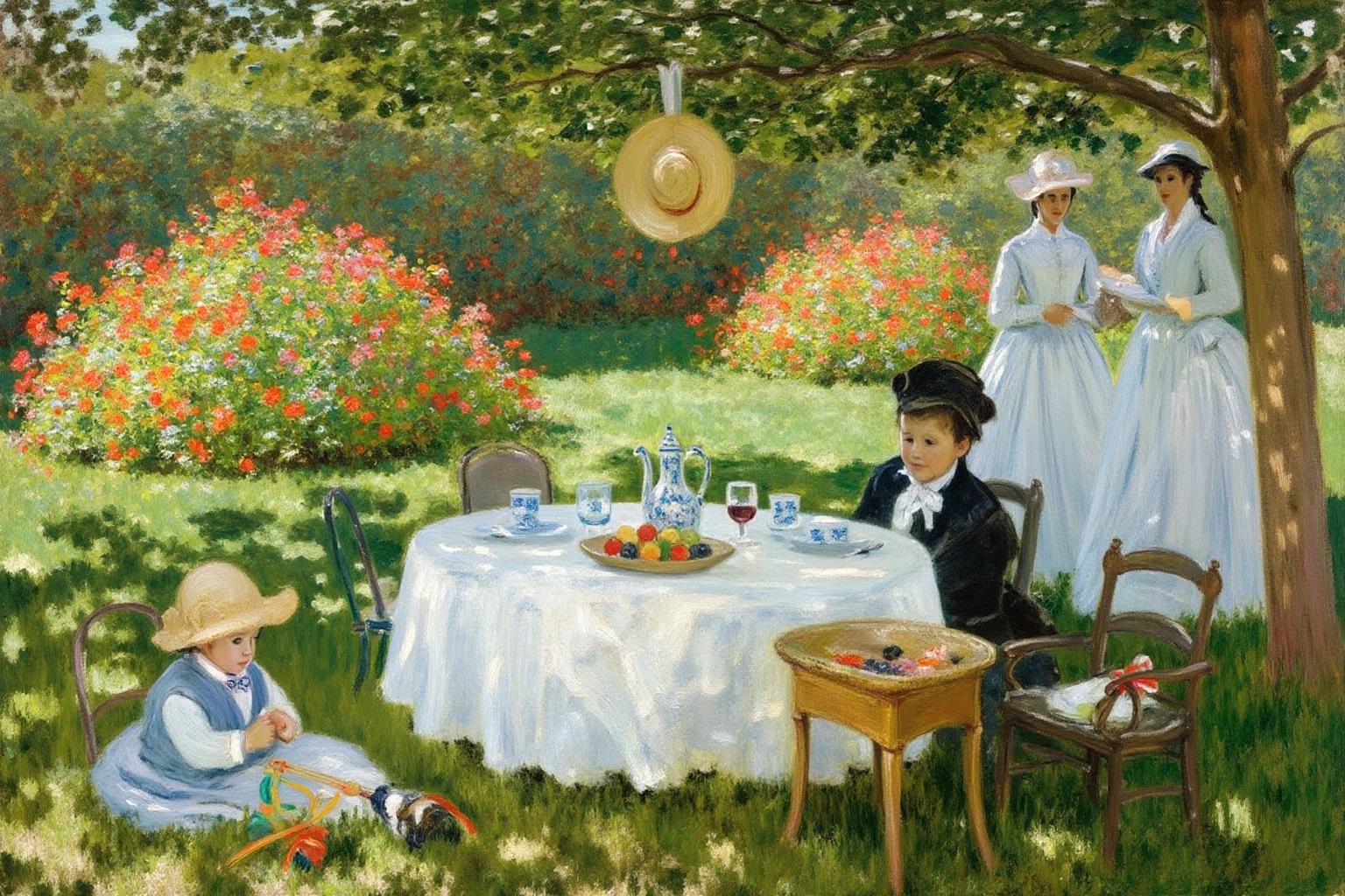 claudemonet1 painting. A garden scene with a table set for tea. The table, covered with a white cloth, holds a teapot, cups, a plate of fruit, and a glass of wine. In the bottom left corner, a child in a blue outfit and a straw hat is sitting on the ground, playing with a toy. Lush greenery and vibrant flowers surround the area, creating a colorful and lively atmosphere. In the background on the right, two women in elegant attire are visible -- one in a white dress and the other in dark clothing. A straw hat is hanging on a tree branch <lora:claudemonet1_cap_d8a4e12:1.0><lora:843283388237517132:0>