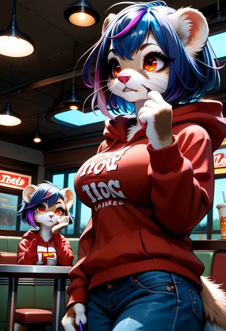 score_9, score_8_up, score_7_up, source_furry, view from below, WSGS02, female furry, weasel girl, weasel ears, weasel tail, paws, small claws, (red eyes:1.4), mouth closed, (thinking:2), standing, indoors, diner, (blue hair, short hair, violet highlights:1.5), denim jeans, red hoodie, (hood down:2), print shirt, (large breasts:2)