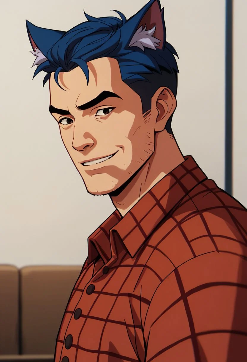 xmen97 style, 1boy, male focus, solo, buzz cut, blue hair, dyed bangs, two tone hair, purple hair, vintage photography, facial hair, stubble, animal ears, only, cat ears, shirtless, animal ear fluff, red plaid, plaid shirt, indoors, mini smile, portrait, upper body, PonyXLV6_Scores zPDXL
