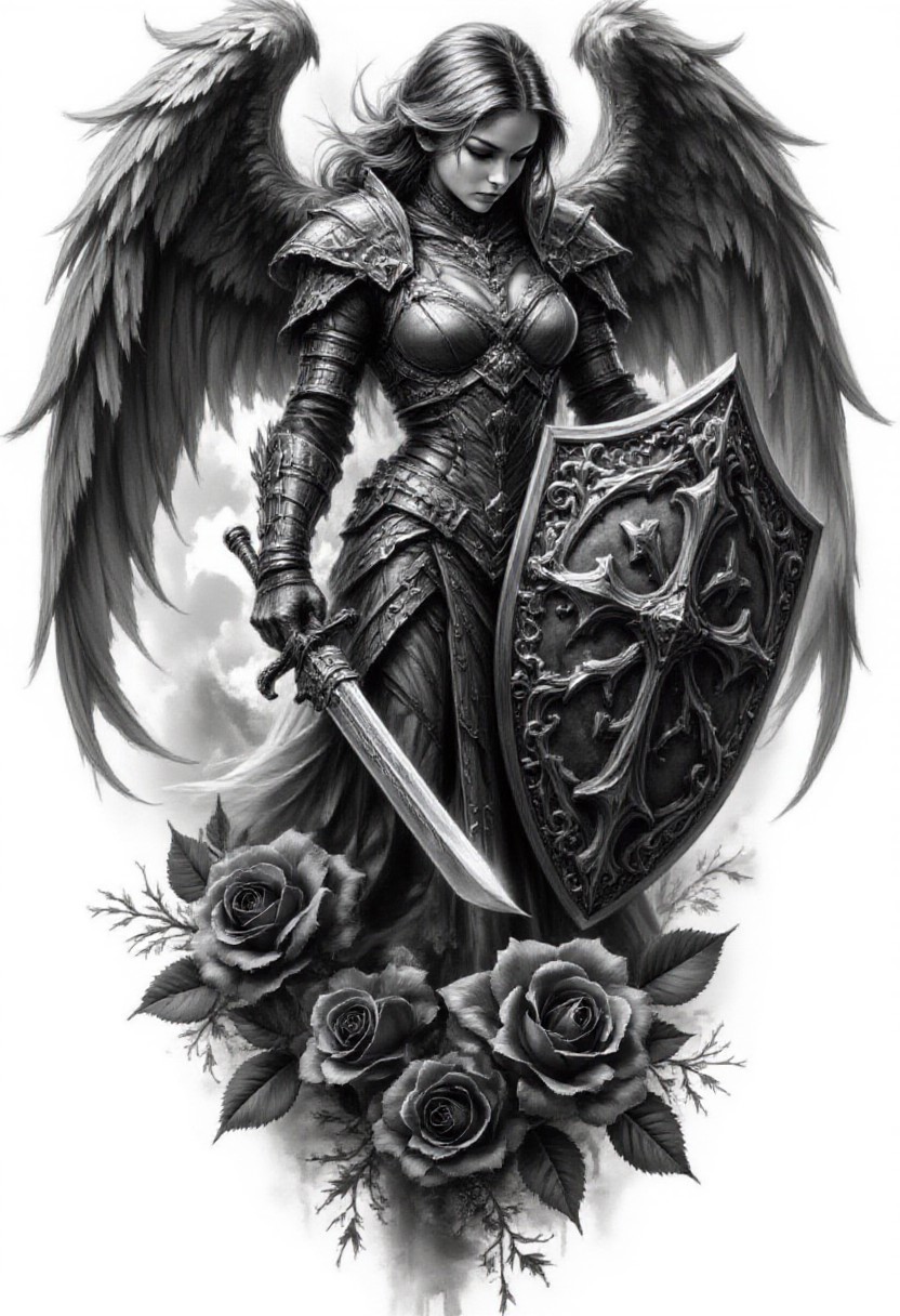 Pencil drawing, black and white, pencil strokes, 
A black and white pencil sketch style, line art drawing dark, A black and white pencil sketch style,  
 Monochrome, a tattoo design with a winged angel holding a sword, she is the queen of black roses, It covers itself with its wings, wings are folded, render, beautiful depiction, huge oversized sword, bowed his head, dark ominous mood, angel in plastic armor, intricately proportional, fantasy shield, very very very beautiful art, broken roses , Digital Artwork