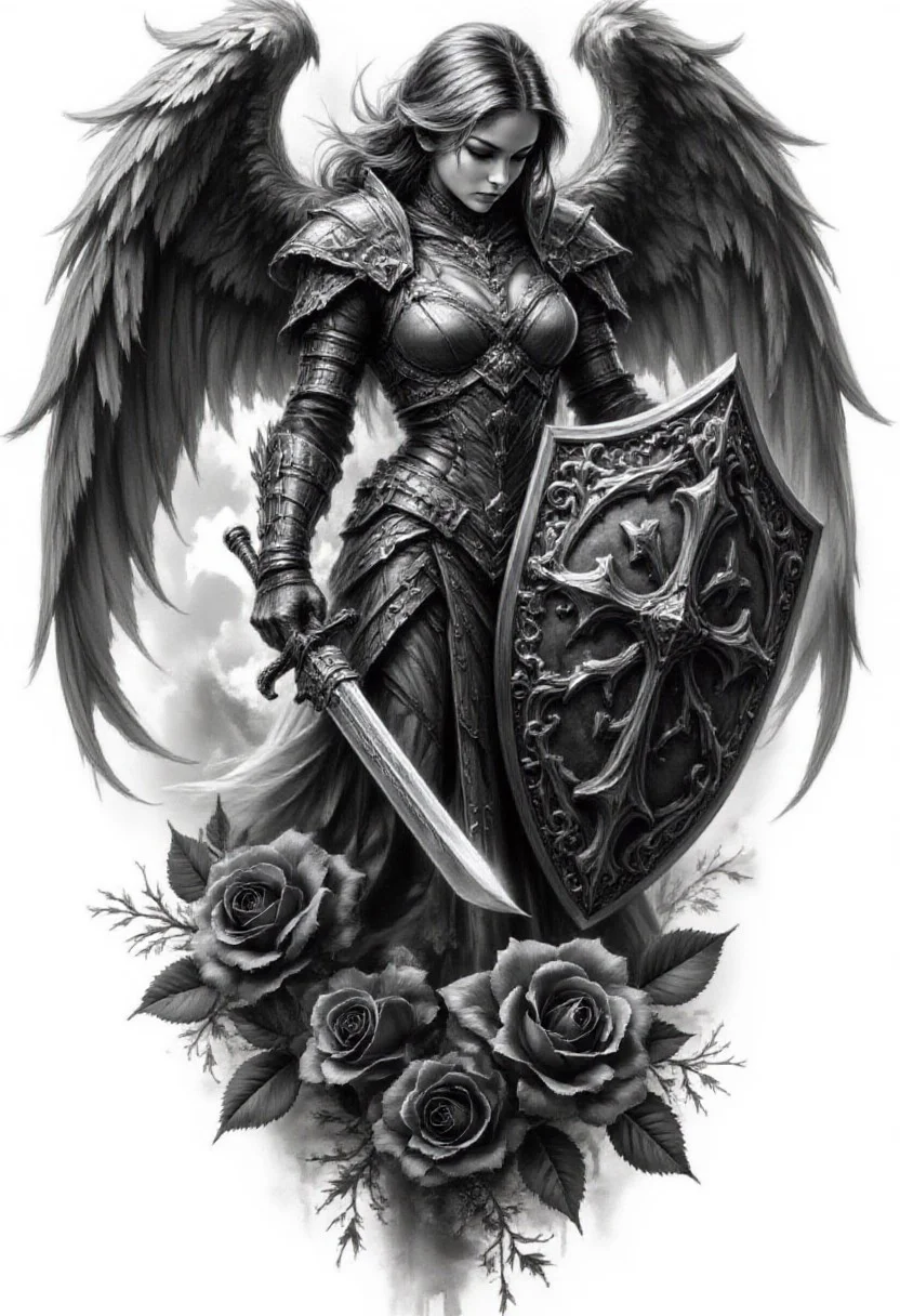 Pencil drawing, black and white, pencil strokes,
A black and white pencil sketch style, line art drawing dark, A black and white pencil sketch style,
Monochrome, a tattoo design with a winged angel holding a sword, she is the queen of black roses, It covers itself with its wings, wings are folded, render, beautiful depiction, huge oversized sword, bowed his head, dark ominous mood, angel in plastic armor, intricately proportional, fantasy shield, very very very beautiful art, broken roses , Digital Artwork