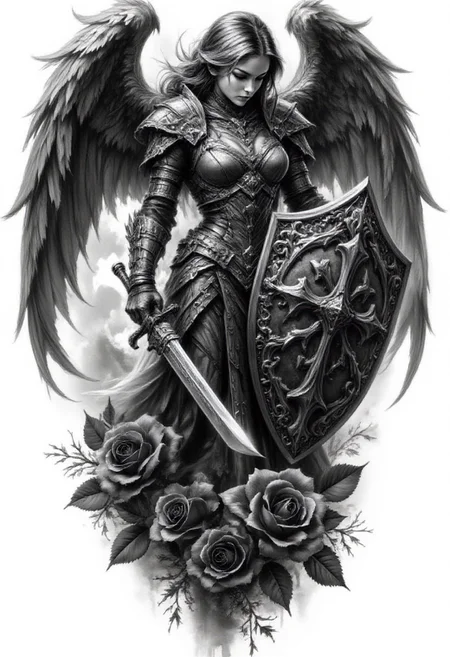Pencil drawing, black and white, pencil strokes, 
A black and white pencil sketch style, line art drawing dark, A black and white pencil sketch style,  
 Monochrome, a tattoo design with a winged angel holding a sword, she is the queen of black roses, It covers itself with its wings, wings are folded, render, beautiful depiction, huge oversized sword, bowed his head, dark ominous mood, angel in plastic armor, intricately proportional, fantasy shield, very very very beautiful art, broken roses , Digital Artwork