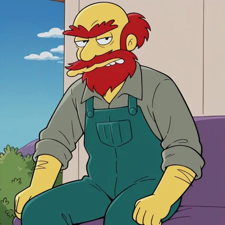 core_9, score_8_up, score_7_up, score_6_up, score_5_up, score_4_up, detailed background, detailed face, 1boy, solo, Groundskeeper Willie, green overalls, half-bald, blue overalls, blue pants, Simpsons style, red beard, middle age, male, red monobrow, red-haired