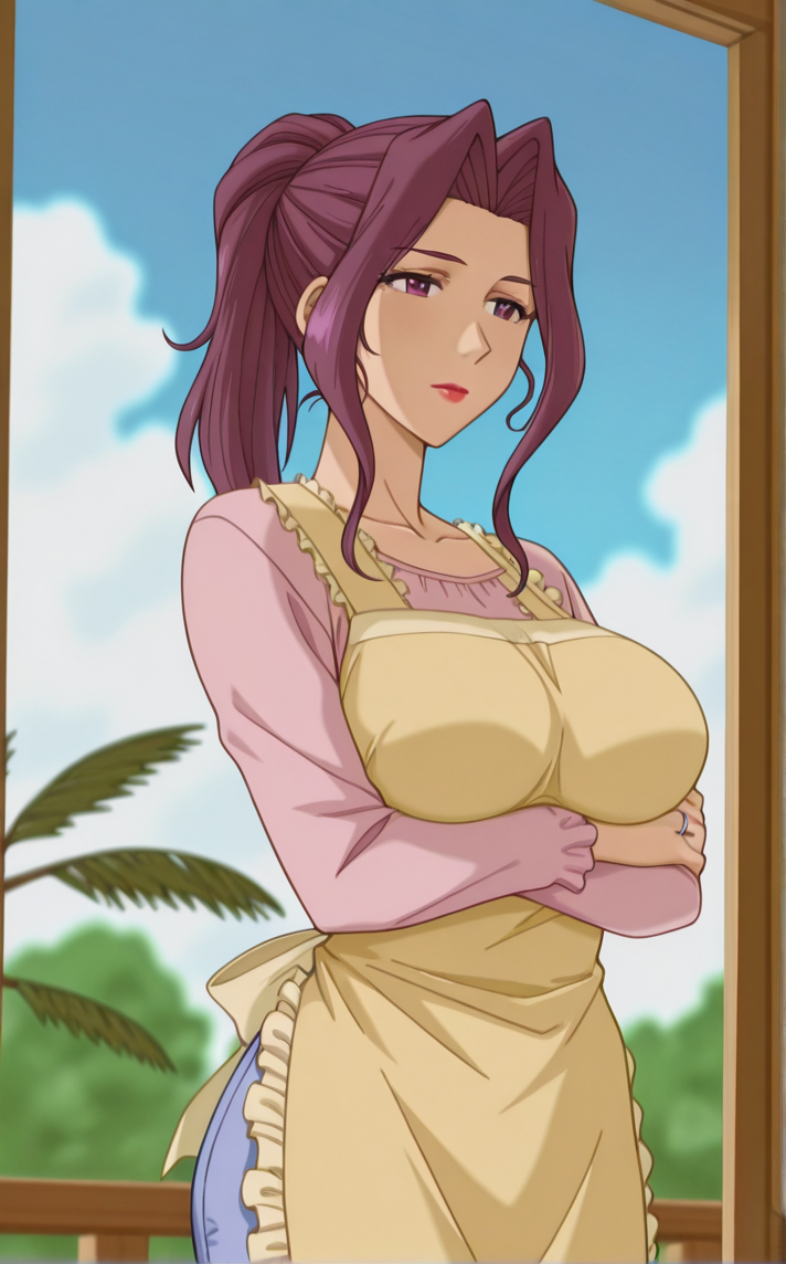masterpiece, best quality, insaneres, absurdres,1girl, depth of field, bare tree, branch, breast hold, crossed arms, day, outdoors, palm tree, stomach, cowboy shot, blue sky, cloud, blurry background, legs together, closed mouth, standing, thighs, arm under breasts, <lora:ILLUSTXL_MistreatedBride_MitsukoTakayanagi_ownwaifu:1>, BREAK YellowApron_MitsukoTakayanagi_ownwaifu, 1girl, hair intakes, hair up, lipstick, long hair, makeup, pink shirt, ponytail, purple eyes, purple hair, sidelocks, yellow apron, mature female, long sleeves, frills, collarbone, red lips, large breasts, eyelashes, wedding ring,