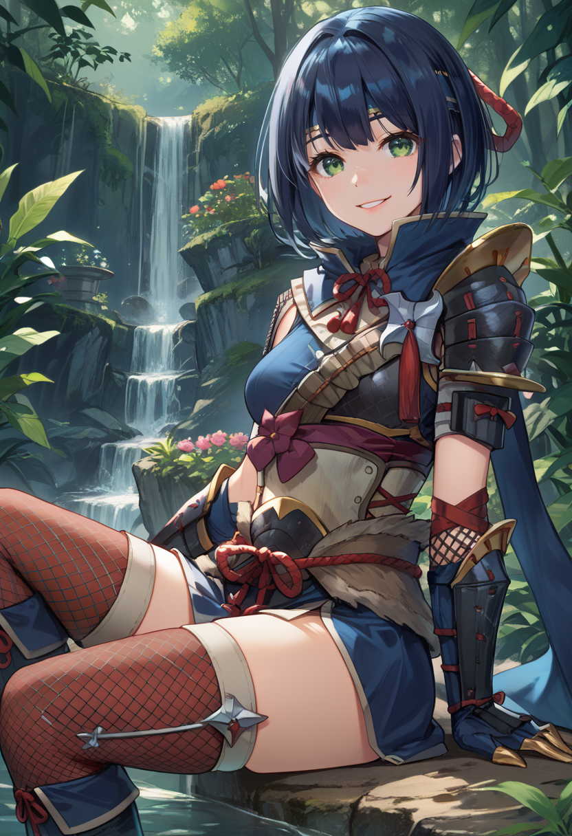 (score_9:0.9),score_8_up,score_7_up,rating_safe,realsitic,(zPDXL),<lora:kamura armor ponyXL v1:0.72>,1girl,solo,blue headband,smile,short hair,sitting,green eyes,blue hair,blue gauntlets,looking at viewer,fishnet thighhighs,black hair,blue scarf,kamura armor,blue knee boots,black shoulder armor,
