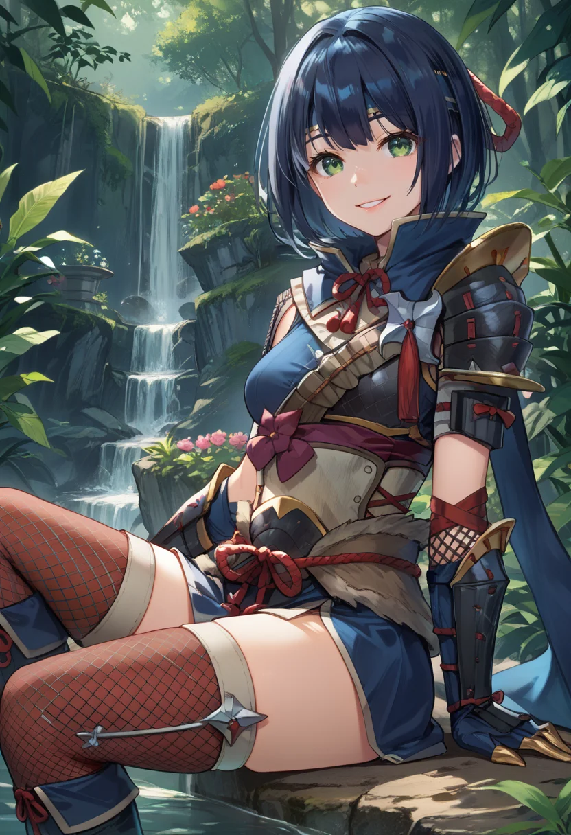 (score_9:0.9),score_8_up,score_7_up,rating_safe,realsitic,(zPDXL),<lora:kamura armor ponyXL v1:0.72>,1girl,solo,blue headband,smile,short hair,sitting,green eyes,blue hair,blue gauntlets,looking at viewer,fishnet thighhighs,black hair,blue scarf,kamura armor,blue knee boots,black shoulder armor,