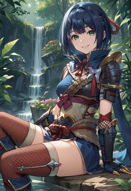 (score_9:0.9),score_8_up,score_7_up,rating_safe,realsitic,(zPDXL),<lora:kamura armor ponyXL v1:0.72>,1girl,solo,blue headband,smile,short hair,sitting,green eyes,blue hair,blue gauntlets,looking at viewer,fishnet thighhighs,black hair,blue scarf,kamura armor,blue knee boots,black shoulder armor,