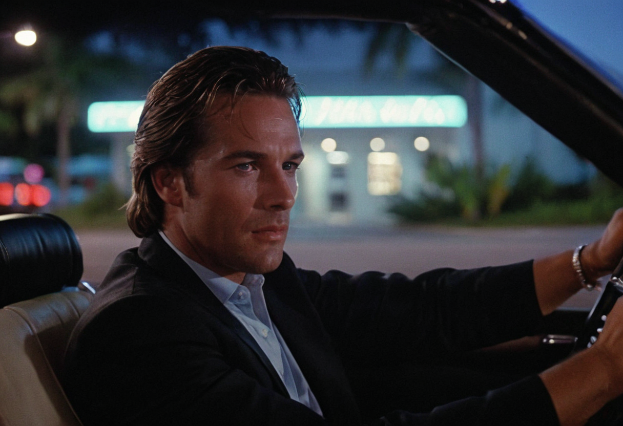 cinematic film still Sonny Crockett, MiamiVice, driving, sportscar . shallow depth of field, vignette, highly detailed, high budget, bokeh, cinemascope, moody, epic, gorgeous, film grain, grainy