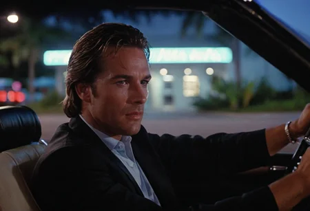 cinematic film still Sonny Crockett, MiamiVice, driving, sportscar . shallow depth of field, vignette, highly detailed, high budget, bokeh, cinemascope, moody, epic, gorgeous, film grain, grainy
