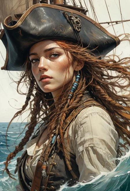 highly detailed linework reminiscent of Carne Griffiths, imbued with Wadim Kashim's bold color and texture, light and airy as Carl Larsson's compositions, old ship, black sails, pirate, wind, sea, motion, wind, featuring Pascal Blanche-style hyper-realistic characters, pastel, elegance, dramatic lighting, expressive camera angle, matte, concept art
