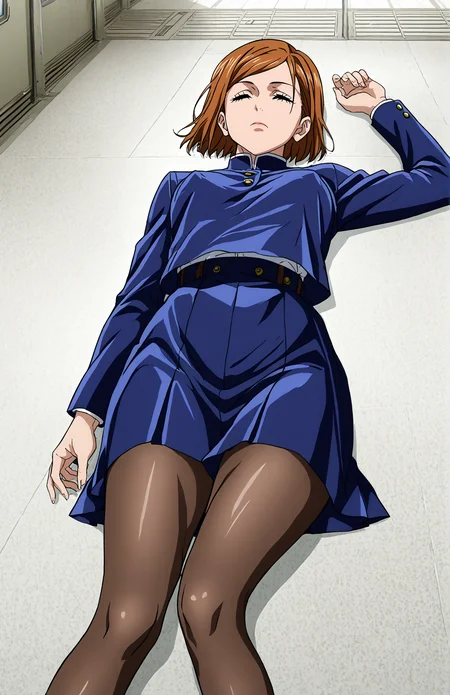<lora:hyperSD8:1> score_9, score_8_up, score_7_up, score_6_up, BREAK, source_anime, masterpiece, zPDXLxxx, detailed background,
<lora:KUGISAKI_NOBARA_CULTY:1> anime screencap, 1girl, solo, kugisaki nobara, short hair, brown hair, brown eyes, black school uniform, <lora:Slack__Ragdoll_Pose:1> sl4ck, lying, on back, closed eyes, subway station, covered nipples, pantyhose, thick thighs,