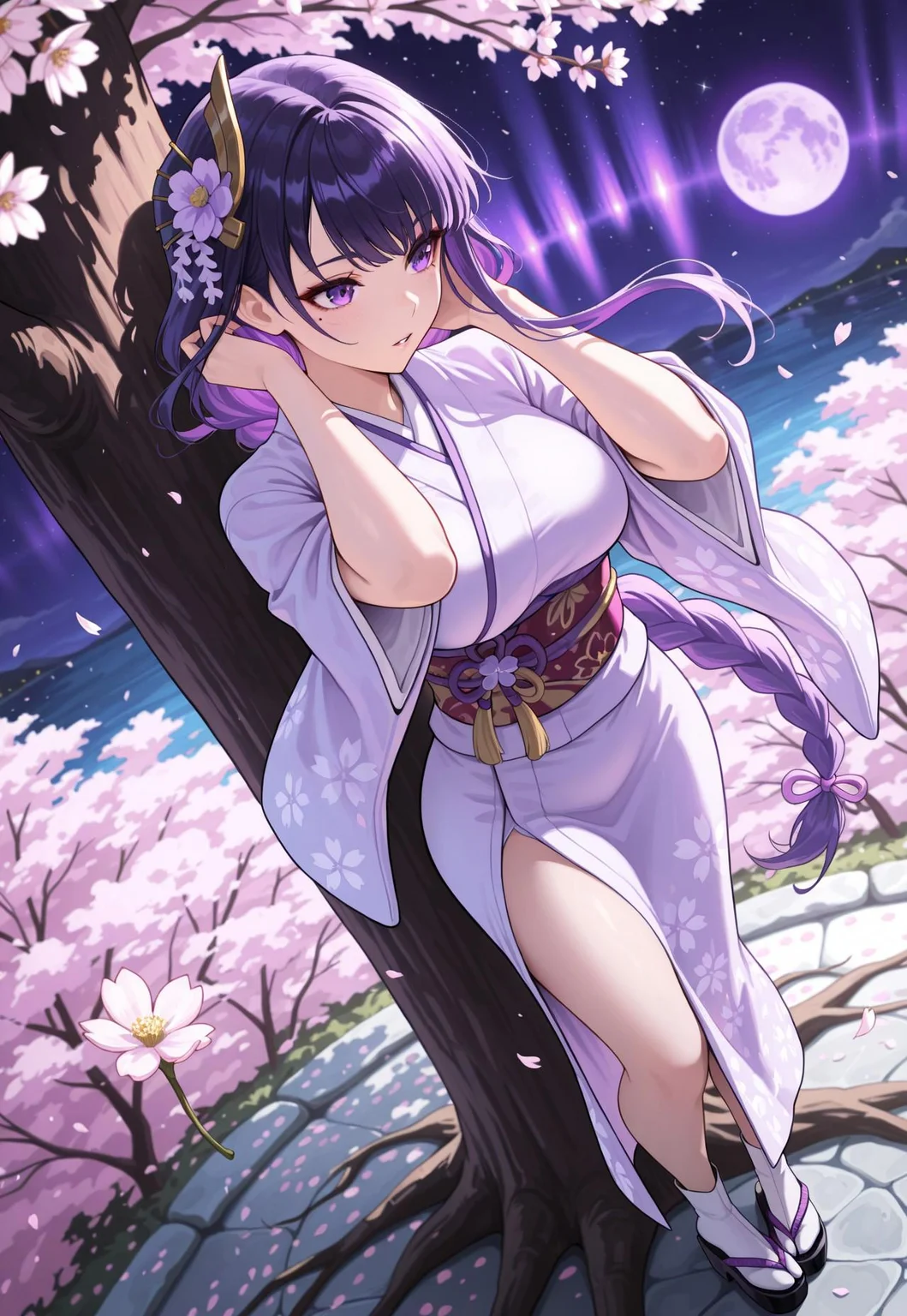 purple hair, braided ponytail, braid, purple eyes, mole under eye, large breasts, hair ornament, pirple kimono, flower print, tabi, geta,
calm face, parted lips,
1 girl, hands in hair, side look, standing under tree, lean to tree, look aside, very aesthetic, angle view, lake,
japanese garden, sakura, sakura leafs, flying leafs, wind, wind blowing hair, night, purple moon, stars, purple aurora borealis,
Detailed drawing, Fixhand, best quality, best quality, masterpiece,