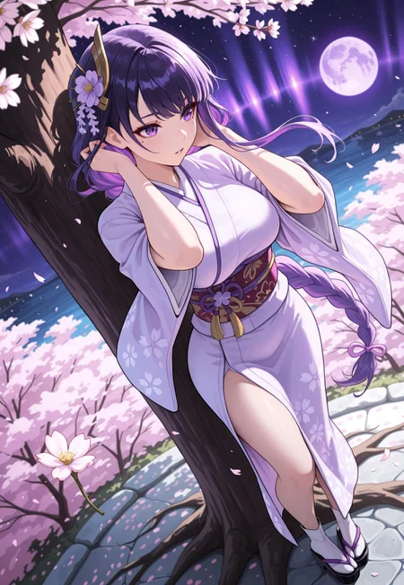 purple hair, braided ponytail, braid, purple eyes, mole under eye, large breasts, hair ornament, pirple kimono, flower print, tabi, geta,
calm face, parted lips,
1 girl, hands in hair, side look, standing under tree, lean to tree, look aside, very aesthetic, angle view, lake, 
japanese garden, sakura, sakura leafs, flying leafs, wind, wind blowing hair, night, purple moon, stars, purple aurora borealis,

Detailed drawing, Fixhand, best quality, best quality, masterpiece,