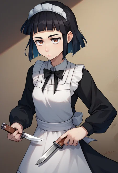score_9, score_8_up, score_7_up, 1girl, solo,  Abbey, black hair, brown eyes, bob cut, hairband, black bow, black dress, white apron, long sleeves, holding knife,    <lora:Abbey 7_1-000013:1>