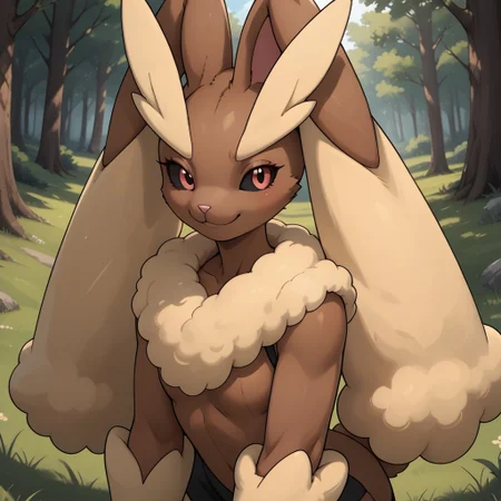 score_9, score_8, BREAK, solo, Lopunny_(Pokémon), pokemon (creature), brown fur, brown skin, yellow skin, two tone fur, rabbit girl, animal ears, large rabbit ears, animal nose, anthro, furry, furry female, red eyes, black sclera, colored sclera, self portrait, smile, looking at viewer, outdoors, sunlight, shadows, evening lighting, natural lighting, forest, trees, grass, orange sky, sunset