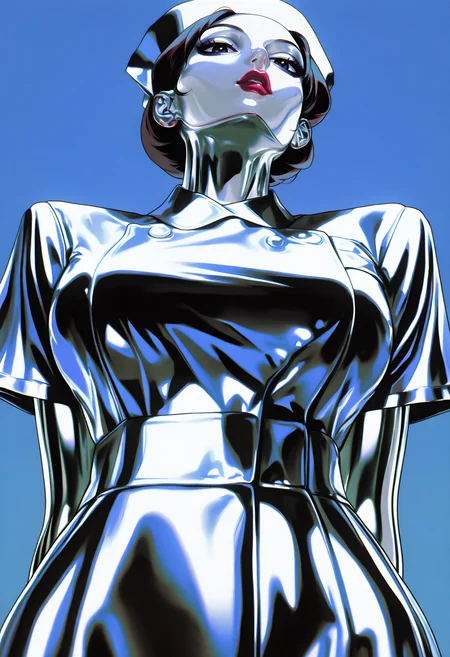 best quality, amazing quality, very aesthetic, absurdres,
chrome, 1girl, nurse hat, nurse outfit, large breasts, short sleeves, makeup, chrome skin, shiny clothing,
solo, from below, blue background upper body, looking at viewer <lora:ChromeNoob_byKonan:1>