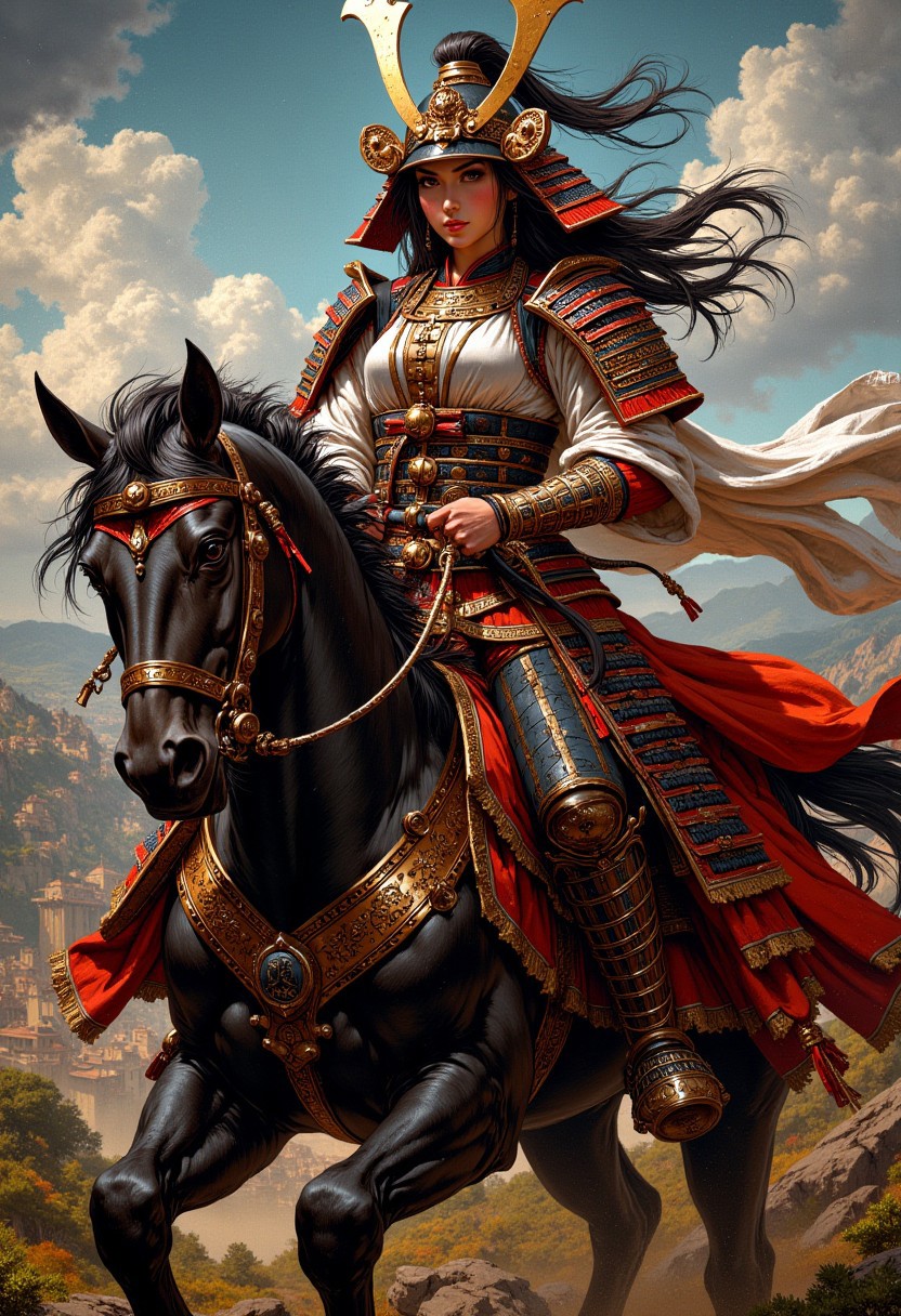 renaissance-style oil painting, masterpiece, female warrior in samurai clothing riding a horse (armored head, pageantry, dynamic image, cinematic, mythp0rt