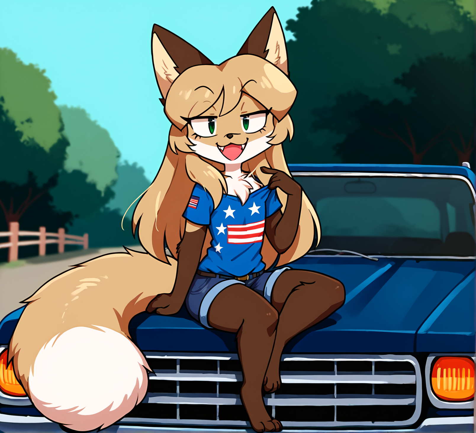 score_9, score_8_up, score_7_up, score_6_up, score_5_up, score_4_up, rating_safe, source_furry, detailed background, town  in background, 1girl,female anthro fox sitting on truck \(vehicle\), detailed fluffy fur
BREAK
female, furry, anthro,(fox:1.1), fox tail, (cute expression, cute face:1.1),   snout,  smiling at viewer, smug grin, open mouth, fang, smug, (redneck:1.1), chest tuft,  confederate flag on shirt,   <lora:Averi_the_fox-000011:1> ,green eyes, blonde hair, long hair,  flat chested,
BREAK