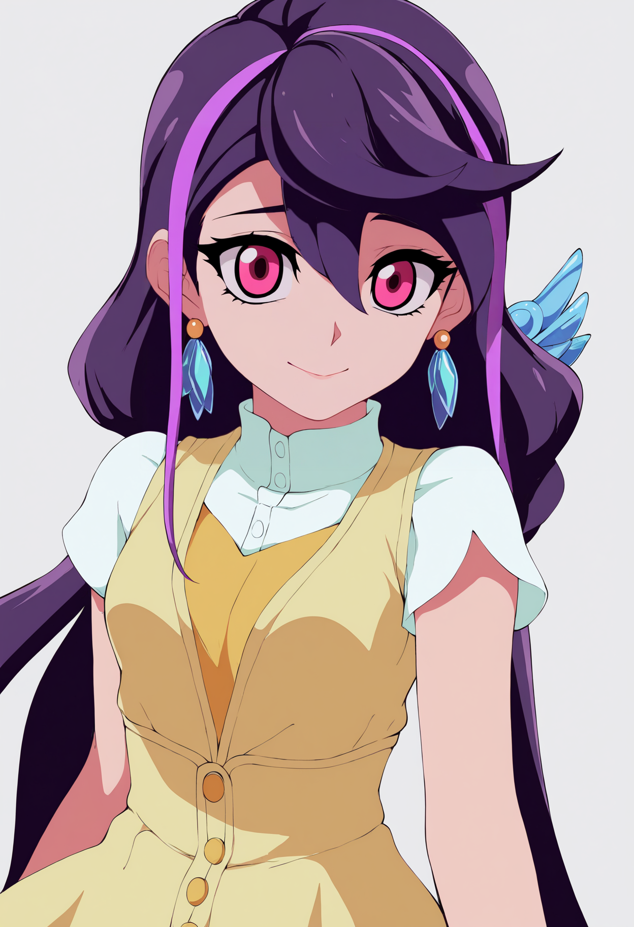 best quality, amazing quality, very aesthetic, absurdres, thick lineart,
1girl, luluobsidian, purple hair, long hair, two-tone hair, pink eyes, hair ornament,
earrings, low ponytail,
dress,
upper body,
smile, looking at viewer, solo, simple background, white background,   <lora:LuluObsidianNoobXL_byKonan:1>
