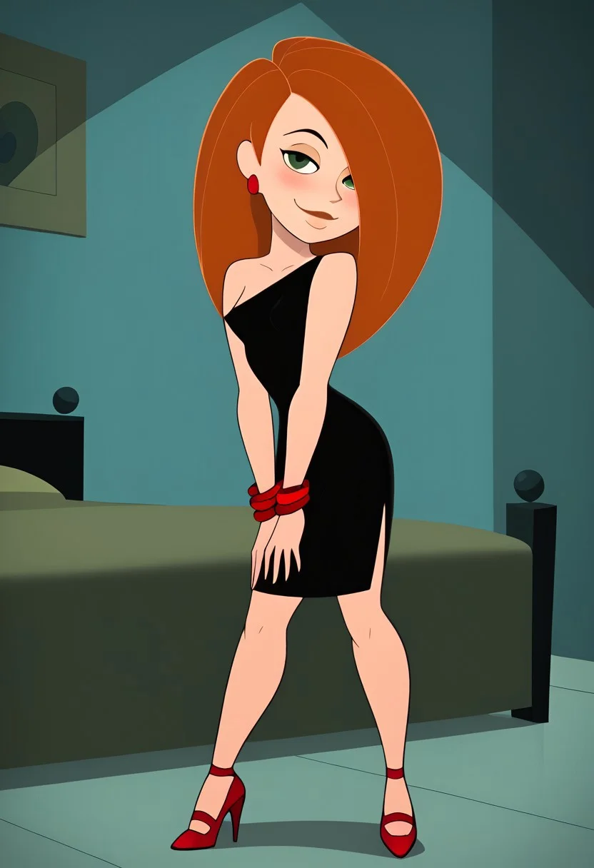 kim, hair over one eye, high heels, small breasts, Black dress, red high heels, red earrings and bracelets,
perfect boobs, looking at viewer, smile, mouth closed, blushing, sexy look, naughty look, closed mouth,
bedroom, bending over,