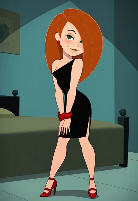 kim, hair over one eye, high heels, small breasts, Black dress, red high heels, red earrings and bracelets,
perfect boobs, looking at viewer, smile, mouth closed, blushing, sexy look, naughty look, closed mouth,
bedroom, bending over,