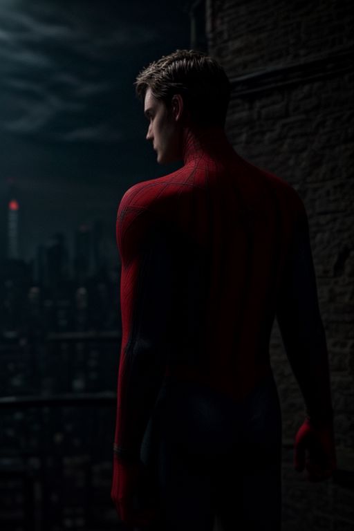Spider-Man in a red and blue suit on the background of a night city. He stands surrounded by cobwebs and looks directly at the viewer
