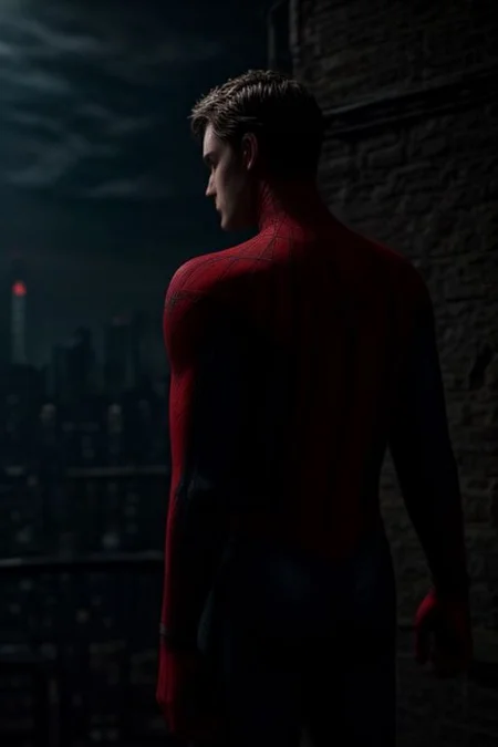 Spider-Man in a red and blue suit on the background of a night city. He stands surrounded by cobwebs and looks directly at the viewer