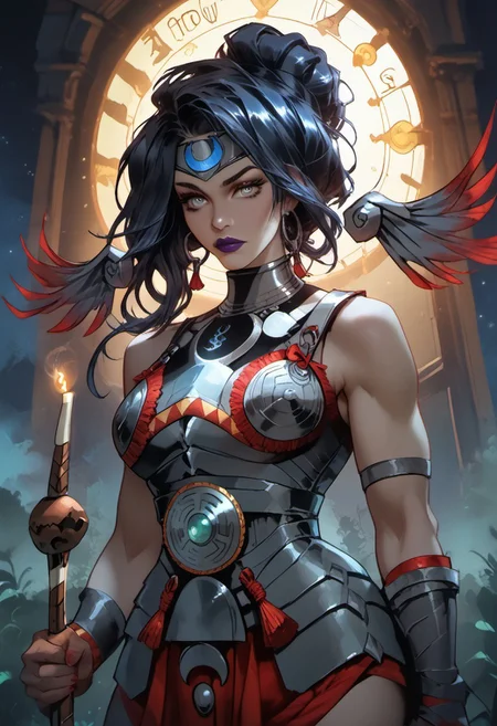 Stable_Yogis_PDXL_Positives, (score_9, score_8_up, score_7_up), ((Greek mythology style)), ((face focus, eye focus, dynamic angle, motion)), 1girl, solo, fantasy, (NEMESISHADES, PURPLE LIPS, YELLOW EYES), (NEMESISARMOR), (SHOULDERWINGS), breathless intimacy, tanned skin, petite model bombshell, heart, young, delicate features, narrow pointy nose, tiny nose, lust, big eyes, seductive eyes, blue eyes, detailed skin, flared lashes, mascara, makeup, perky huge breasts, athletic body, narrow waist, skinny hips, 
warm light, detailed, neon dark party
 BREAK
milky way, runes, arcane, astral, surreal, ethereal glow, masterpiece, best quality, intricate design. colorful, moonlit nightsky, stained glass aesthetic, moody whimsical color palette, murano glass, bold soldering lines, volumetric light shining through, crepuscular rays, intricate craftsmanship, detailed texture, luminous transparency, reflective light play, vivid hues, atmospheric depth, enchanting silhouette, art nouveau,