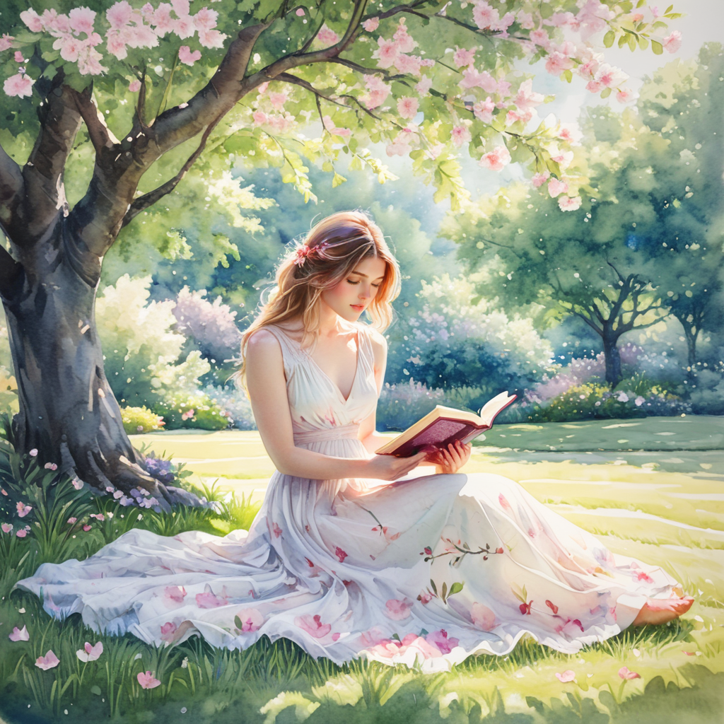 <lora:WatercolorSDXL2:1> ArsMJStyle, Watercolor,  A serene garden scene with a young woman in a flowing white dress reading beneath a blooming cherry tree. Dappled sunlight filters through the pink petals, casting soft, colorful patterns on her dress and the lush grass around her. The atmosphere is one of tranquil contemplation.