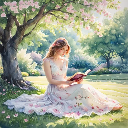 <lora:WatercolorSDXL2:1> ArsMJStyle, Watercolor, A serene garden scene with a young woman in a flowing white dress reading beneath a blooming cherry tree. Dappled sunlight filters through the pink petals, casting soft, colorful patterns on her dress and the lush grass around her. The atmosphere is one of tranquil contemplation.