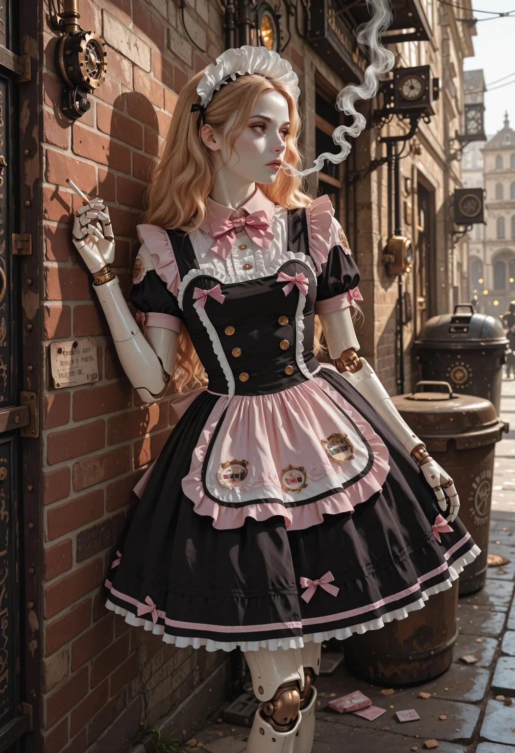 masterpiece, best_quality, reij-rt style.
woman, reaslisitc_body, leaning against wall, holding a cigarette, looking away, taking a quick break, steampunk, android joints, maid dress, pink bow, frills, short sleeves, maid headdress, white skin, detailed_eyes, dark alley, (trash can:0.6), blinding sunlight, depth of field.
HDR, absurdres, ultra-detailed, highly_aesthetic
<lora:reij-rt:0.8> <lora:PinkDripMaidILL:0.7>