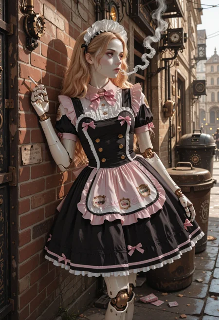 masterpiece, best_quality, reij-rt style.
woman, reaslisitc_body, leaning against wall, holding a cigarette, looking away, taking a quick break, steampunk, android joints, maid dress, pink bow, frills, short sleeves, maid headdress, white skin, detailed_eyes, dark alley, (trash can:0.6), blinding sunlight, depth of field.
HDR, absurdres, ultra-detailed, highly_aesthetic
<lora:reij-rt:0.8> <lora:PinkDripMaidILL:0.7>