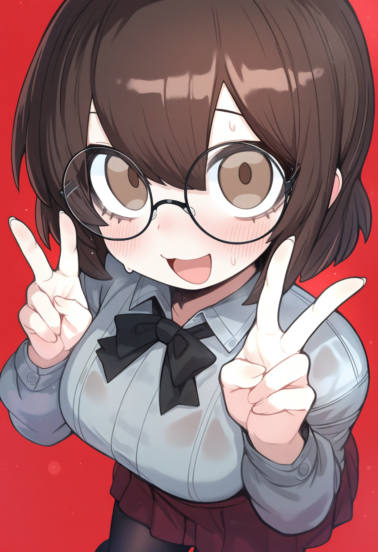 masterpiece,best quality,amazing quality,
1girl, double v, solo, v, glasses, red background, short hair, pantyhose, brown eyes, skirt, brown hair, looking at viewer, blush, round eyewear, long sleeves, shirt, bow, simple background, open mouth, grey shirt, bowtie, sweat, smile, red skirt, black bow, bangs, hair between eyes,
 <lora:Ankoku:1>