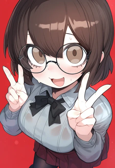 masterpiece,best quality,amazing quality,
1girl, double v, solo, v, glasses, red background, short hair, pantyhose, brown eyes, skirt, brown hair, looking at viewer, blush, round eyewear, long sleeves, shirt, bow, simple background, open mouth, grey shirt, bowtie, sweat, smile, red skirt, black bow, bangs, hair between eyes,
 <lora:Ankoku:1>