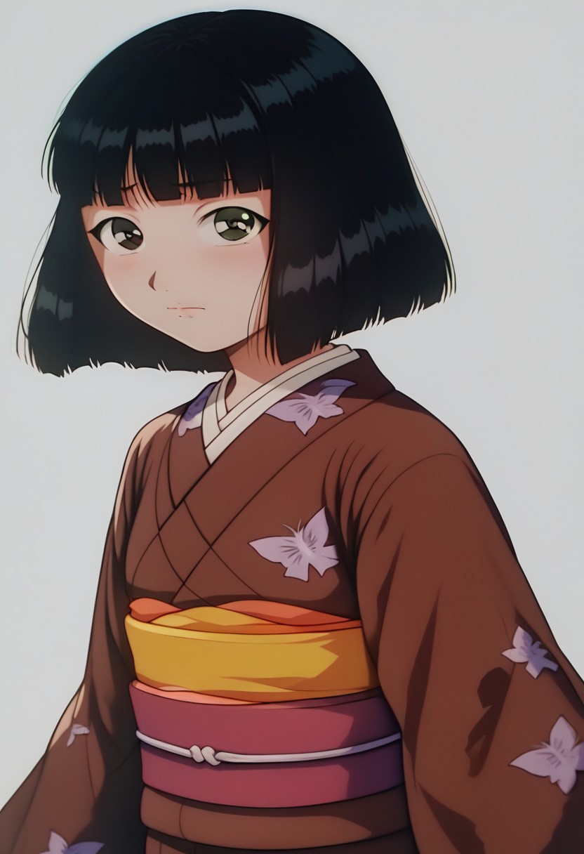 score_9, score_8_up, score_7_up, source_anime, anime illustration, masterpiece, best quality, lots of details, BREAK zPDXLx, mur4k4mi-ip,ruri madarame, bob cut, short hair, black hair, odd eye, right brown eye, left green eye, japanese clothes, kimono, brown kimono, ruri madarame, odd eye, 1girl, solo, sash, bangs, obi, looking at viewer, closed mouth, blunt bangs, chibi