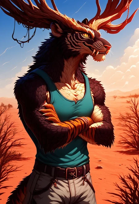 solo, Xerneas, sinozick style, alien humanoid, qinglong, dragon, tiger, peregrine falcon, moose, man, longxiang style, m0nst3r, tig, chinese dragon, long muzzle, big fangs, orange and black fur, green scales, jade patterened scales, scaly arms, male_tiger, emerald tree boa, anthro, furry male, standing, curious smile, arms crossed, teal tank top, light gray shorts, jewelry, bracelets, rings, BREAK,
New Mexico desert, southwestern desert, desert, rock, weed, scattered trees, thunderstorm, day, sunlight through clouds, thunderclouds in background,