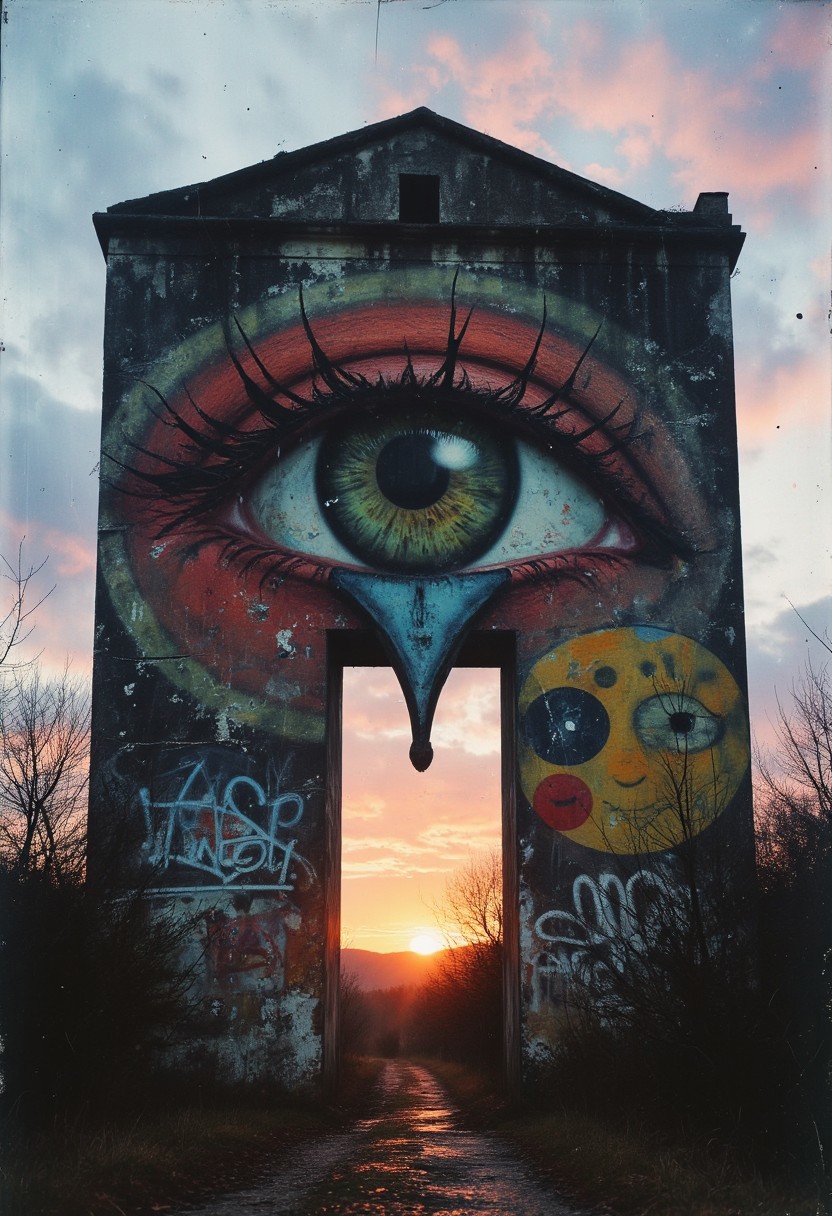 An old, weathered building towers high into the sky, partially in ruins. Its façade is covered in peeling graffiti of various colors, including a striking pop-art depiction of an all-seeing eye, symbolizing a watchful presence over a society that no longer exists. The eye, surrounded by bold geometric patterns, reflects a surreal vibrancy against the backdrop of decay. A prominent feature of the building is a large zipper, half open, allowing the structure to “unfold” to the left and right. Through this open zipper, a breathtaking view is revealed: a stunning sunset with vibrant orange and purple hues illuminating the nature behind the building. The combination of the dilapidated structure, the whimsical graffiti, and the spectacular view creates a unique and surreal atmosphere, where the remnants of creativity and the beauty of nature coexist, blending into the overall narrative of abandonment and loss.