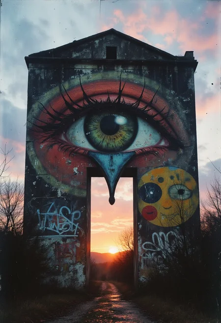 An old, weathered building towers high into the sky, partially in ruins. Its façade is covered in peeling graffiti of various colors, including a striking pop-art depiction of an all-seeing eye, symbolizing a watchful presence over a society that no longer exists. The eye, surrounded by bold geometric patterns, reflects a surreal vibrancy against the backdrop of decay. A prominent feature of the building is a large zipper, half open, allowing the structure to “unfold” to the left and right. Through this open zipper, a breathtaking view is revealed: a stunning sunset with vibrant orange and purple hues illuminating the nature behind the building. The combination of the dilapidated structure, the whimsical graffiti, and the spectacular view creates a unique and surreal atmosphere, where the remnants of creativity and the beauty of nature coexist, blending into the overall narrative of abandonment and loss.