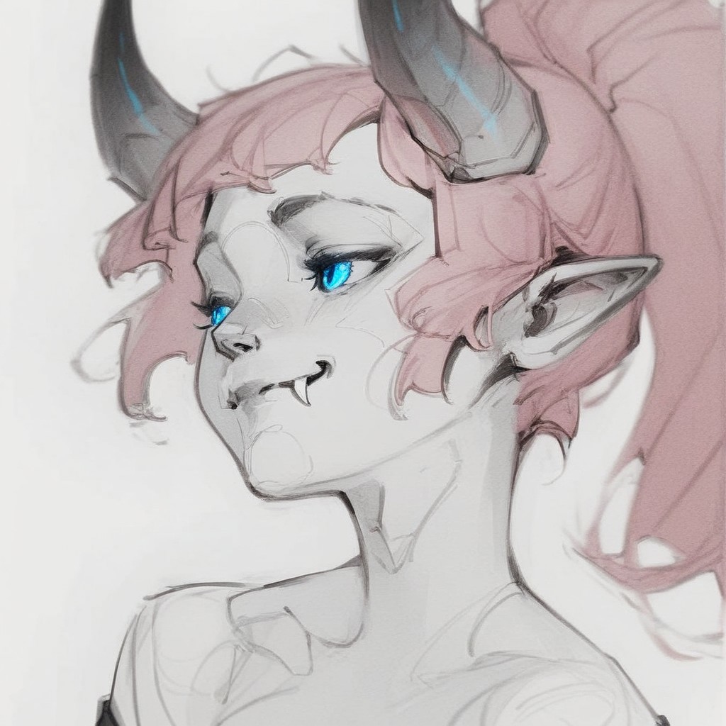 sketch, monochrome, greyscale, score_9, score_8_up, score_7_up, masterpiece, best quality, absurdres, vibrant, highly detailed, portrait, Lynn Pink, blue eyes, pink hair, ponytail, horns, pointy ears, fangs, (((adult))), small breasts, simple shirt, long sleeves, off shoulder, no bra, looking away, closed mouth, smile, white background, simple background