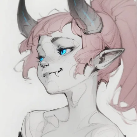 sketch, monochrome, greyscale, score_9, score_8_up, score_7_up, masterpiece, best quality, absurdres, vibrant, highly detailed, portrait, Lynn Pink, blue eyes, pink hair, ponytail, horns, pointy ears, fangs, (((adult))), small breasts, simple shirt, long sleeves, off shoulder, no bra, looking away, closed mouth, smile, white background, simple background