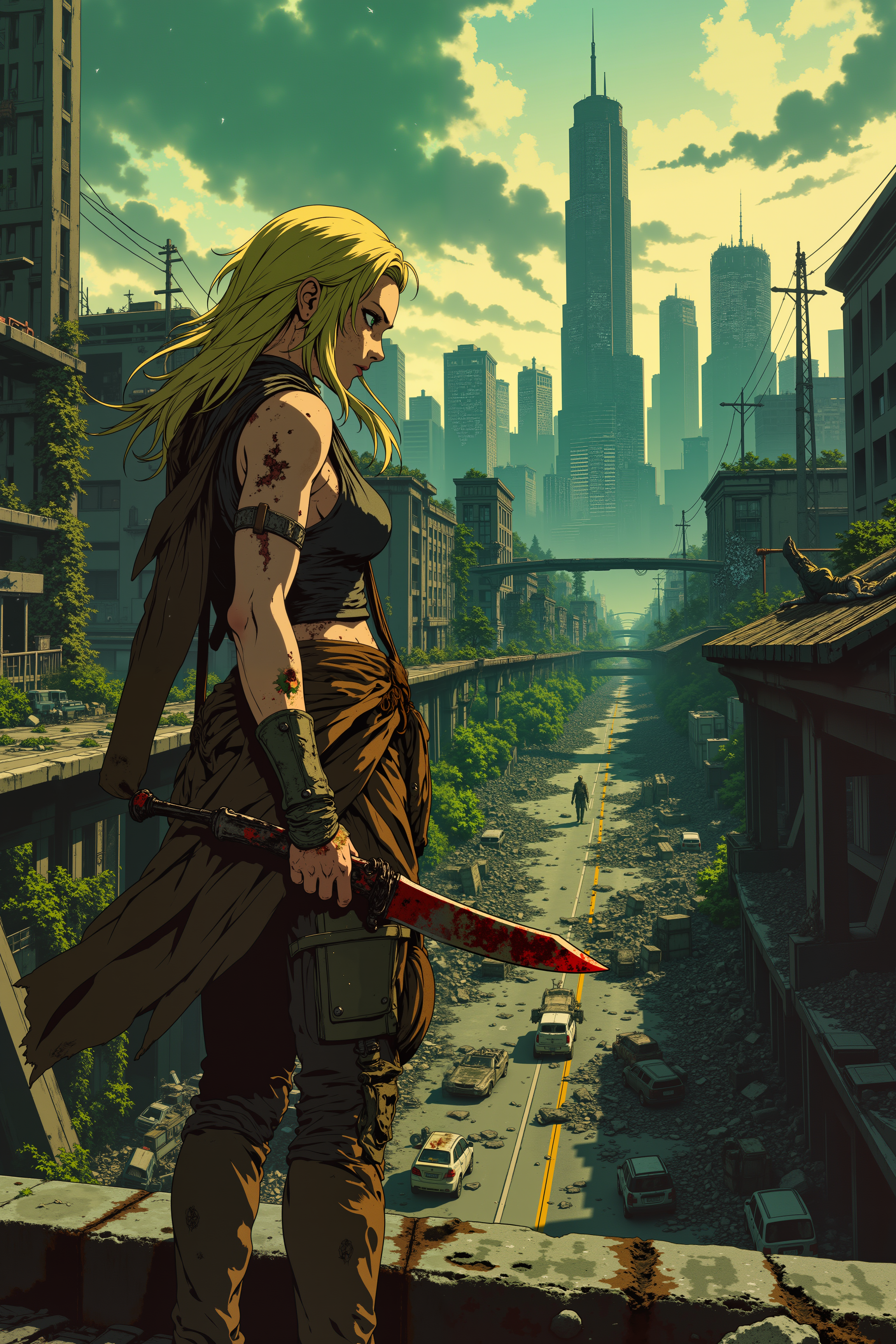 ne0nfant4sy,  Amidst the ruins of a once-great city, now overrun with creeping vines and shattered skyscrapers, a lone scavenger with dirt-streaked skin and sun-bleached blonde hair stands on a crumbling highway overpass. Her torn, patchwork clothing is cobbled together from scavenged armor, rusted metal plates, and worn leather, while a shotgun slung over her shoulder glints faintly in the fading light. Below her, a horde of the undead shuffles aimlessly through the decaying streets, their rotting limbs dragging across the pavement, but her sharp, green eyes are locked on a distant figure in the wreckageâa survivor, barely moving. The sky above is an angry swirl of storm clouds, tinged with a sickly green hue, while ash falls gently from the sky like snow. Twisted remnants of vehicles litter the streets below, overgrown with vines and rust, the skeletal remains of civilization long gone. In the distance, the faint hum of an old, broken-down generator echoes through the wasteland, providing the only sound other than the occasional groan from the undead below. Her fingers flex around the hilt of her machete, the blade stained with both rust and blood, ready for the chaos thatâs bound to follow her next move. The scene is tense, filled with the weight of survival in a world where death lurks in every shadow.<lora:RetroAnimeFluxV1:0.5><lora:NeonFantasyFLUX:0.3>