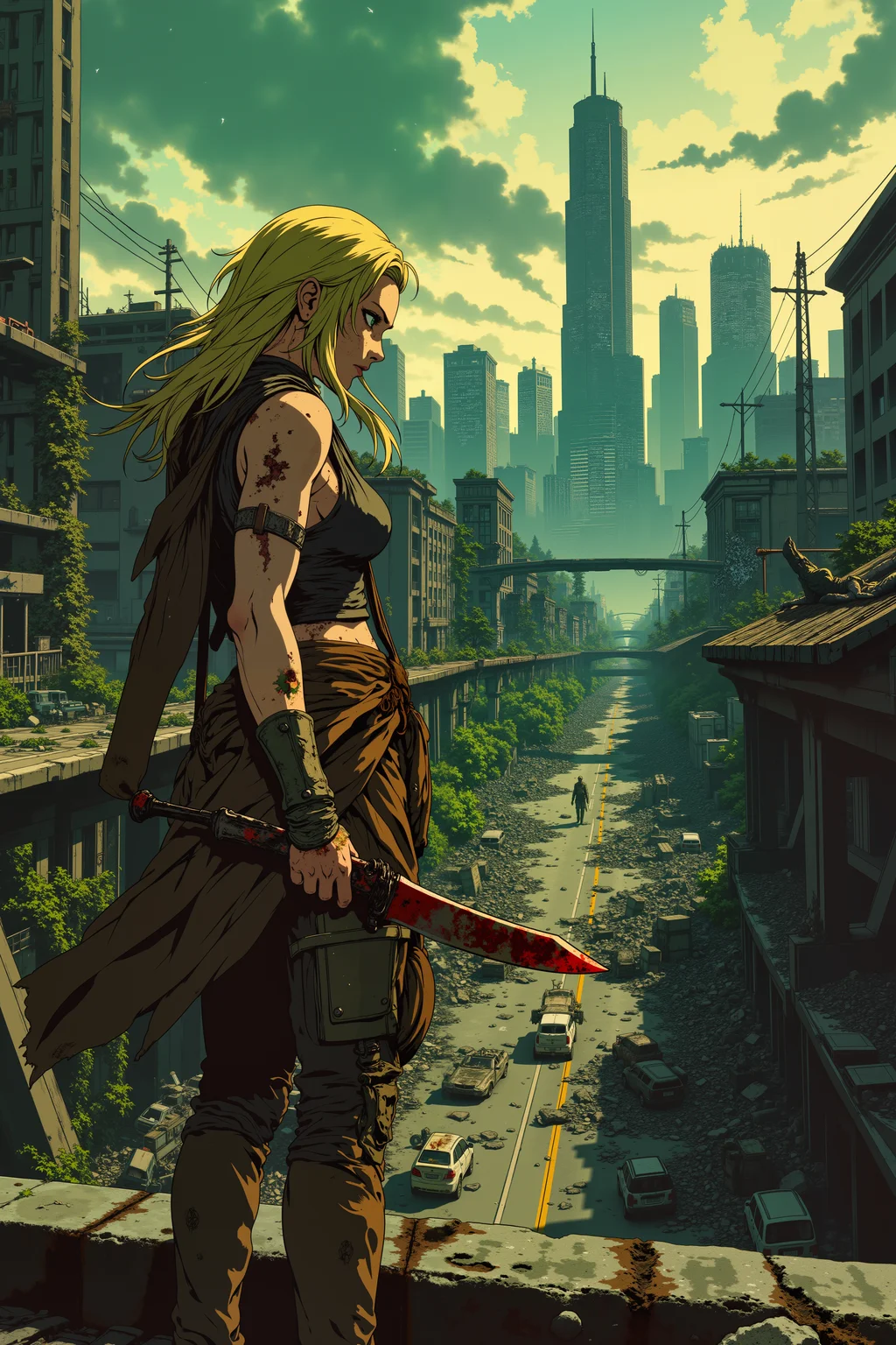 ne0nfant4sy, Amidst the ruins of a once-great city, now overrun with creeping vines and shattered skyscrapers, a lone scavenger with dirt-streaked skin and sun-bleached blonde hair stands on a crumbling highway overpass. Her torn, patchwork clothing is cobbled together from scavenged armor, rusted metal plates, and worn leather, while a shotgun slung over her shoulder glints faintly in the fading light. Below her, a horde of the undead shuffles aimlessly through the decaying streets, their rotting limbs dragging across the pavement, but her sharp, green eyes are locked on a distant figure in the wreckageâa survivor, barely moving. The sky above is an angry swirl of storm clouds, tinged with a sickly green hue, while ash falls gently from the sky like snow. Twisted remnants of vehicles litter the streets below, overgrown with vines and rust, the skeletal remains of civilization long gone. In the distance, the faint hum of an old, broken-down generator echoes through the wasteland, providing the only sound other than the occasional groan from the undead below. Her fingers flex around the hilt of her machete, the blade stained with both rust and blood, ready for the chaos thatâs bound to follow her next move. The scene is tense, filled with the weight of survival in a world where death lurks in every shadow.<lora:RetroAnimeFluxV1:0.5><lora:NeonFantasyFLUX:0.3>