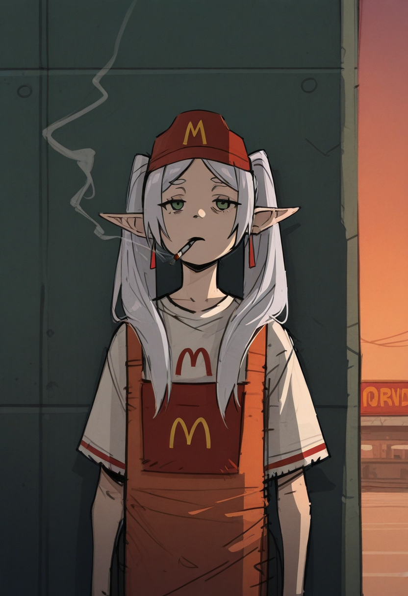 a13xstyle, sketch, masterpiece, best quality, solo,                                                                                 frieren, sousou no frieren, twintails, green eyes, mcdonalds attire cap, smoking a  cigarette, depressed, eyes half closed, against a wall, sunset sky, outside,  mcdonalds background, slog, depressing,
