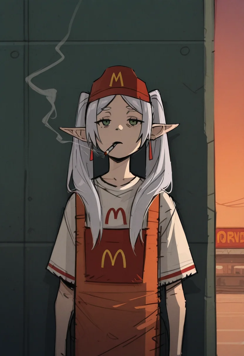 a13xstyle, sketch, masterpiece, best quality, solo, frieren, sousou no frieren, twintails, green eyes, mcdonalds attire cap, smoking a cigarette, depressed, eyes half closed, against a wall, sunset sky, outside, mcdonalds background, slog, depressing,