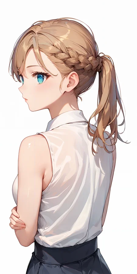 score_9, score_8_up, score_7_up,source_anime, high res image,masterpiece,best quality,girl,cute face,clear skin,shiny hair,ultra detailed eyes,simple background, <lora:ponytail_pony_V1.0:0.6> ponytail, braid,from behind