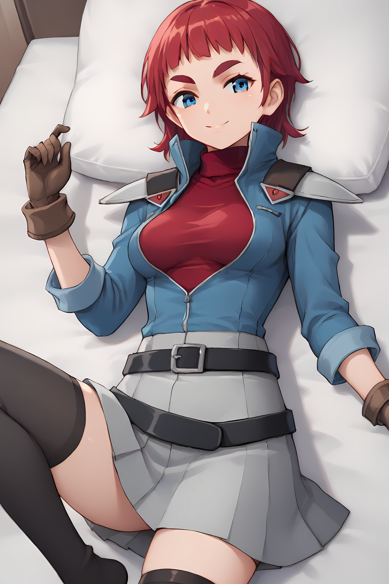 (blue jacket red hoodie red turtleneck shoulder pads grey skirt black belt brown gloves black thighhighs:1.60), cra-kristen, blue eyes, red hair, short bangs, short hair, thick eyebrows, 
medium breasts, 1girl, solo, skinny, (source_anime, score_9, score_8_up, score_8, score_7_up), score_7, score_6_up, score_6, score_5_up, score_5, 
(light smile:1.40),
(bedroom:0.60),
(lying:1.20), (feet:1.10),
<lora:cra-kristen-V03:0.60>