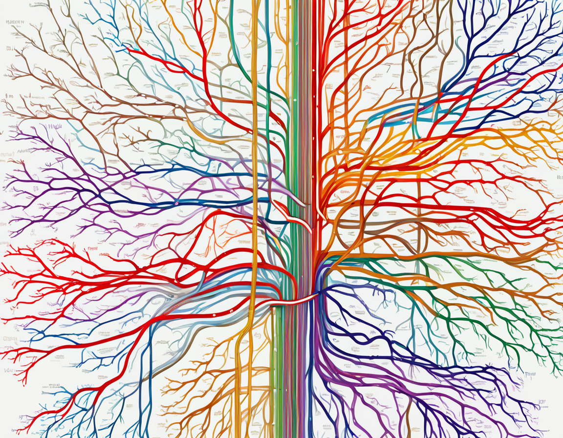 <lora:5ubw4ym4p_SDXL_SGX:1.0>illustration of a 5ubw4ym4p style map of the human blood vessels and nervous systems, outline of a human body, thick straight lines color-coded, with different colors representing different types of lines and stations, such as red, blue, green, yellow, orange, and purple. simple white background, highly detailed, sharp focus